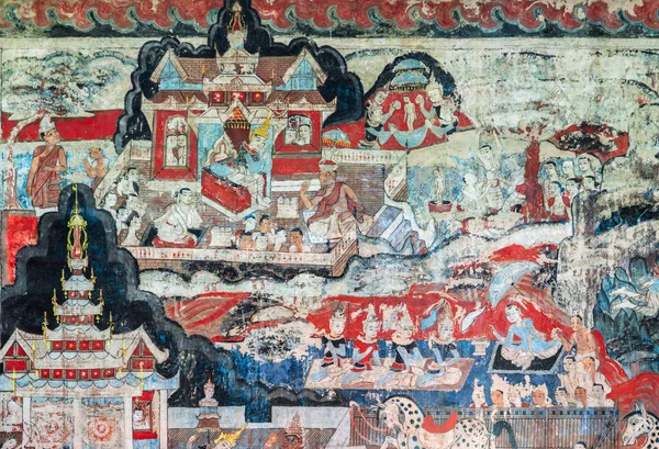 Antigua pintura mural tailandesa estilo Lanna de la vida de Buda —  Fotos de Stock