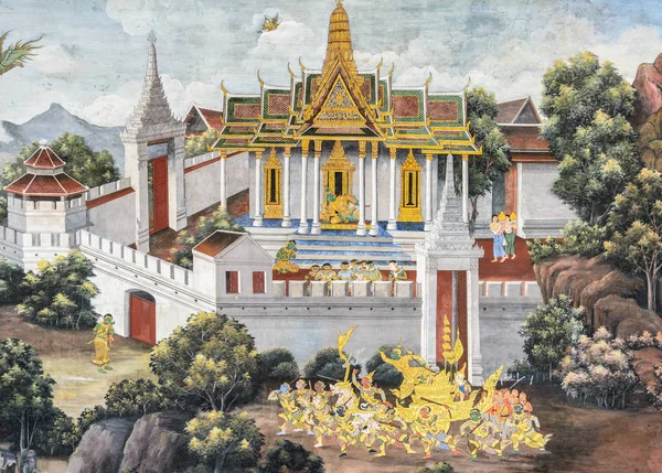 Affresco murale tailandese di Ramakien epico al Grand Palace di Bangko — Foto Stock