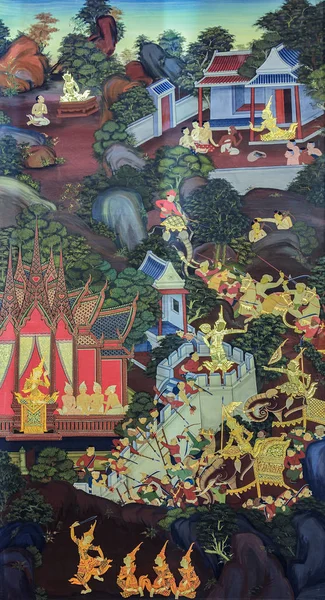 Pintura mural tailandesa en pared del templo —  Fotos de Stock