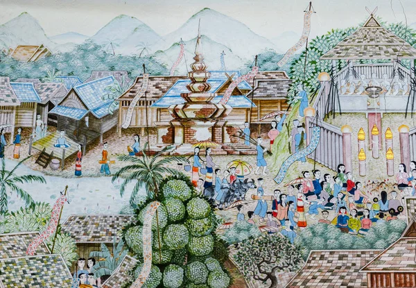 Pittura murale in stile antico Thai Lanna del festival buddista — Foto Stock