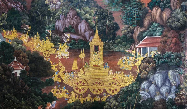 방코의 그랜드 팰리스에서 라마키엔 서사시의 태국 벽화 프레스코 — 스톡 사진