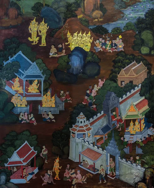 Oude Thaise boeddhistische muurschildering muurschildering op tempel muur — Stockfoto