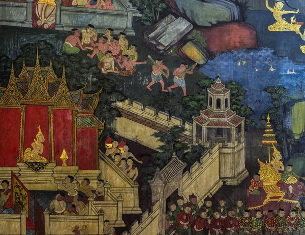 Bangkok Thailand November 2014 Ancient Buddhist Temple Mural Painting Life — Stock Photo, Image