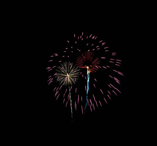 Beautiful Colorful Fireworks Exploding Night Sky Isolated Black Background New — Stock Photo, Image