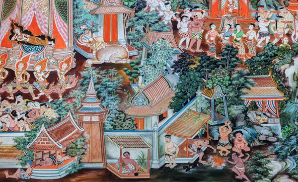 Suphanburi Tailandia Enero 2014 Pintura Mural Del Templo Budista Vida — Foto de Stock
