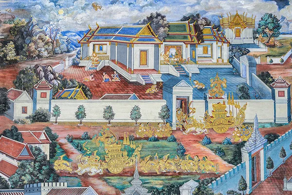 タイのバンコク 2017年12月29日 タイのバンコクにあるワット プラカウエの内部にあるラマキーン 叙事詩の古代タイの壁画 ラマキーンは ヒンズー教のラマヤナ叙事詩に由来するタイの国家叙事詩です — ストック写真