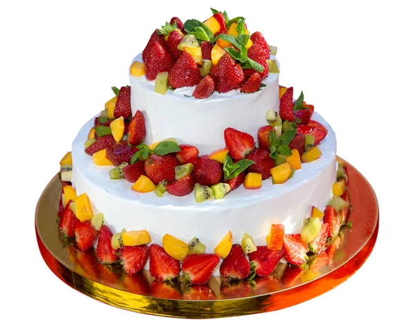 çilek, çilek, kivi, şeftali ve nane ile beyaz düğün pastası