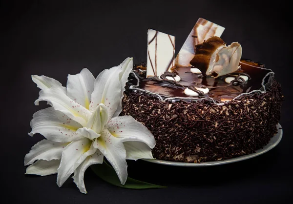 siyah bir arka plan üzerine krema çikolata küçük pasta beyaz zambak ile süslenmiş