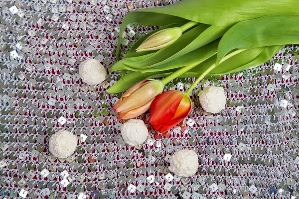 Brotes Frescos Primavera Rosa Tulipanes Fondo Tela Brillante Con Lentejuelas — Foto de Stock