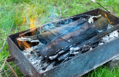 Baharda shashlik için yanan odun ile Barbekü