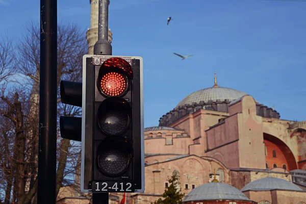 Traffic light near the museum complex of Hagia Sophia in Istanbul, Turkey