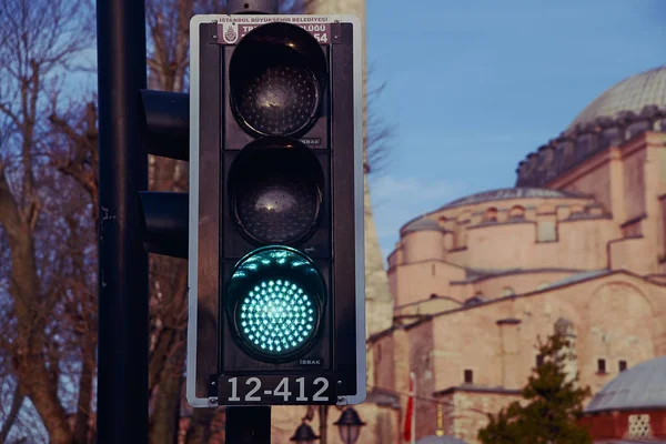 Traffic light near the museum complex of Hagia Sophia in Istanbul, Turkey