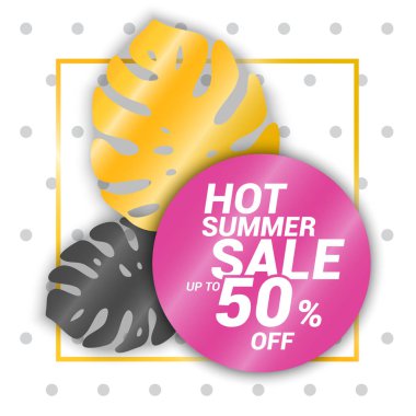 Şablon monstera'nın yaprak lekeli zemin ve pembe daire üzerinde bir yazıt ile