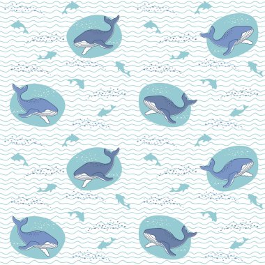 Okyanus arka plan, balinalar ve köpekbalıkları dalgalı bir arka plan üzerinde