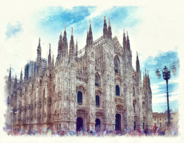 Katedra Mediolanie Akwarela Malarstwo Duomo Milano Piazza Del Duomo Mediolanie — Zdjęcie stockowe