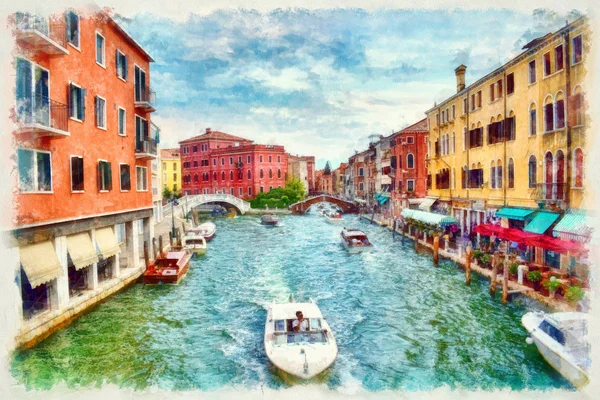 Vista Pitoresca Canal Veneziano Com Barcos Imitação Digital Pintura Aquarela — Fotografia de Stock