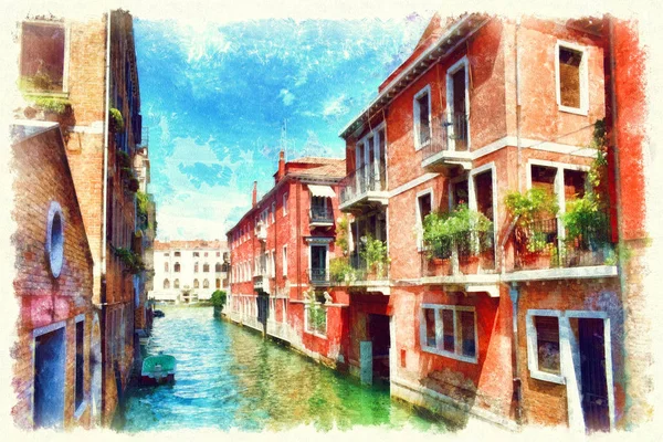 ヴェネツィア ヴェネツィア イタリアの古い中世の家々 のカラフルなファサード ベニスの運河 水彩画の景色 — ストック写真