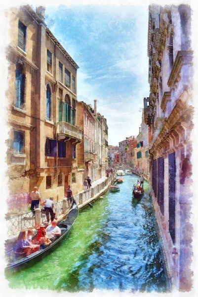 Pittoresca Veduta Dello Stretto Canale Veneziano Con Gondole Imitazione Digitale — Foto Stock