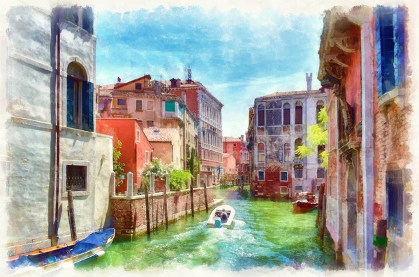 Picturesque view of narrow Venetian canal with boats, digital imitation of watercolor painting. Colorful facades of old medieval houses over a canal in Venice, Italy.
