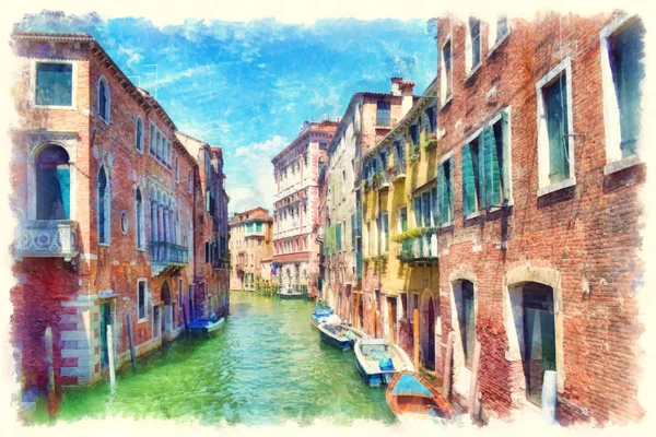 狭いヴェネツィア運河ボート 水彩画のデジタル模倣の美しい景色 イタリア ヴェネツィアの運河の古い中世の家々 のカラフルなファサード — ストック写真