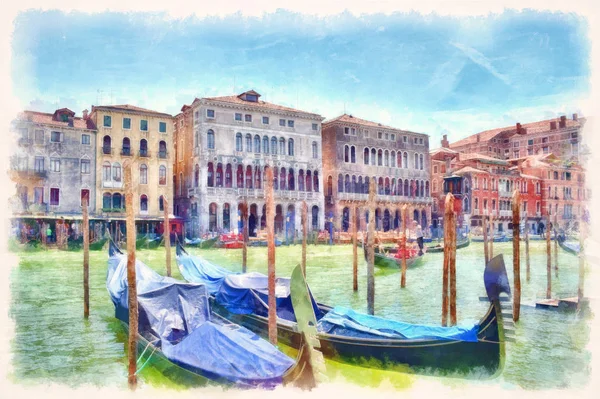 Gondolas Grand Canal Watercolor Painting Colorful Facades Old Medieval Houses — Stock Photo, Image