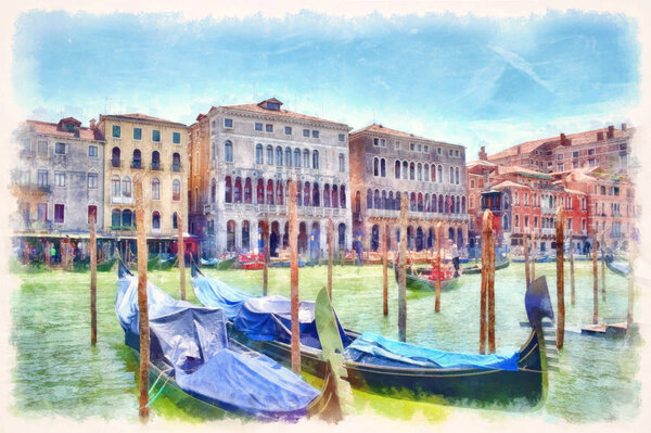 Gondolas on the Grand Canal watercolor painting. Colorful facades of old medieval houses in Venice, Italy. 