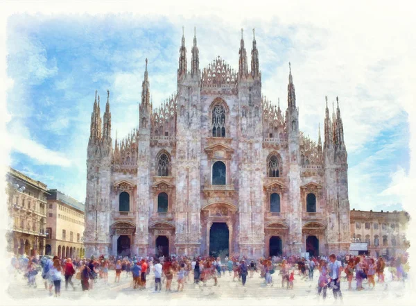 Milaan Kathedraal Aquarel Duomo Milano Piazza Del Duomo Milaan Lombardije — Stockfoto