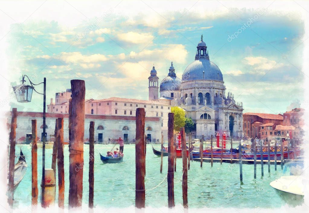 View on Canal Grande with Basilica di Santa Maria della Salute in the background, Venice, Italy. Gondolas on Grand Canal watercolor painting.