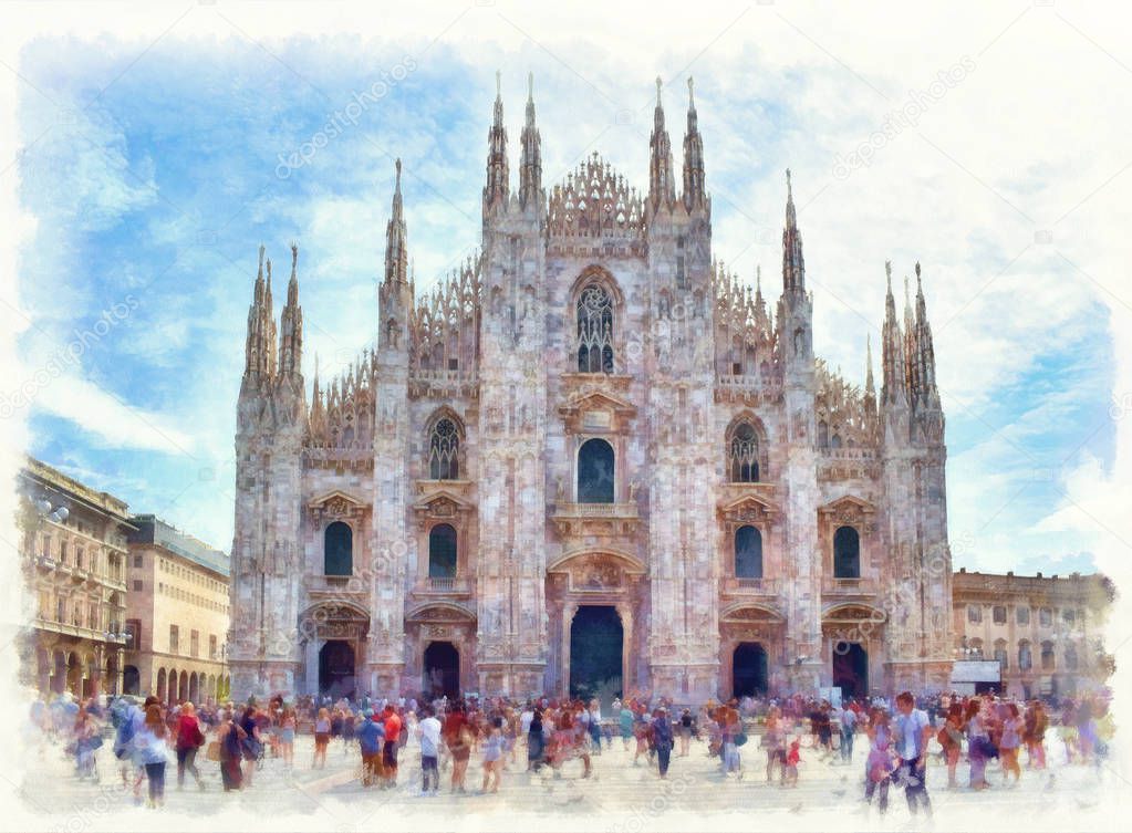 Milan Cathedral watercolor painting. Duomo di Milano and Piazza del Duomo in Milan, Lombardy, Italy