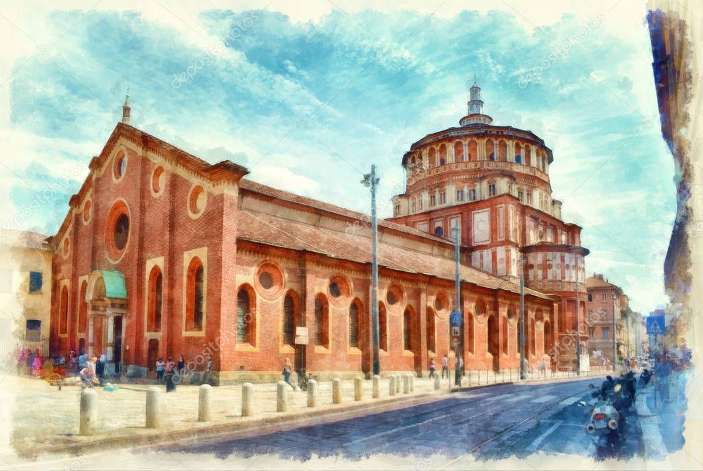 Santa Maria delle Grazie church in Milan, Italy. Watercolor painting of Santa Maria delle Grazie church