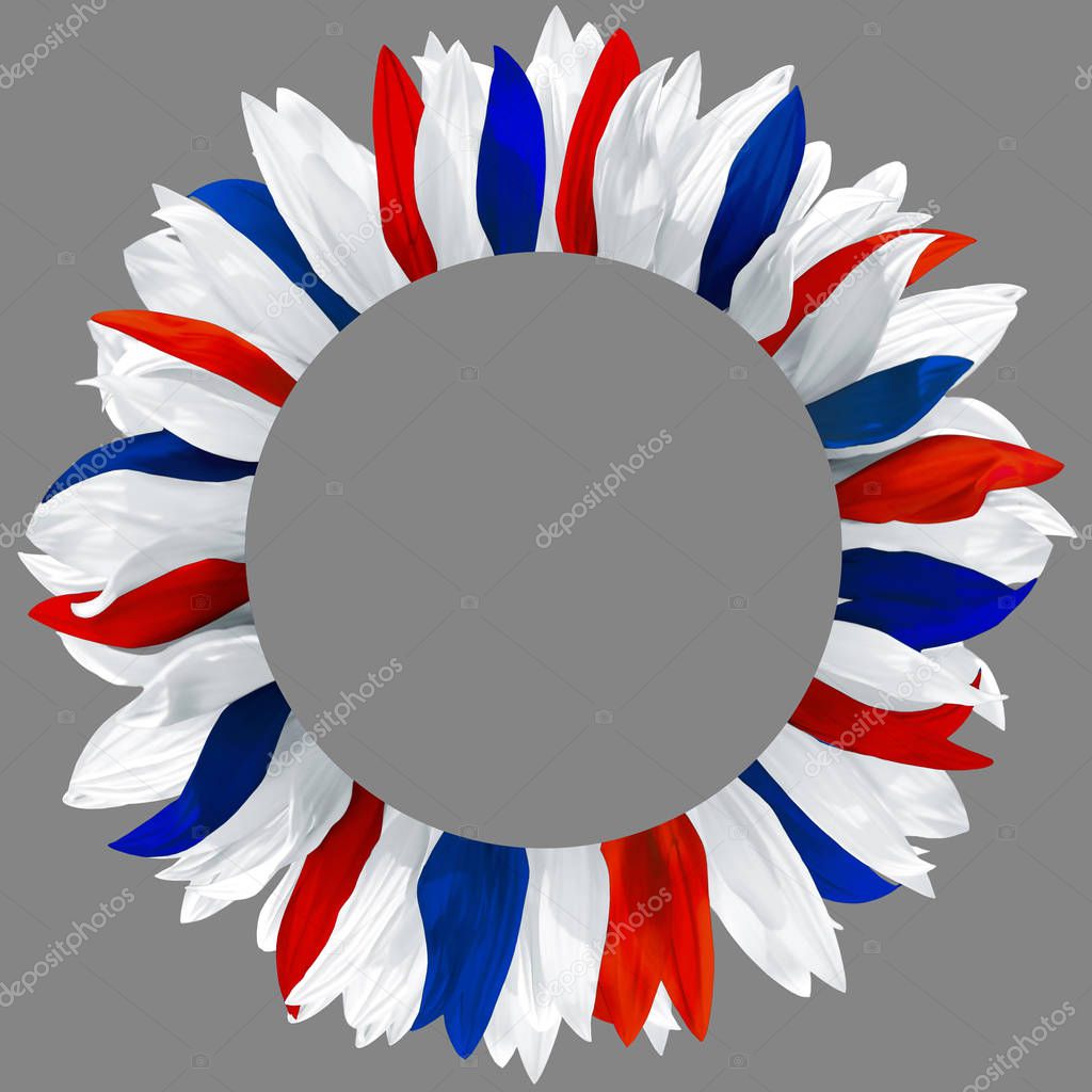 Circle frame, decorated with petals in colors of USA flag