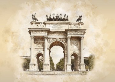 Sempione Park, Milan, Lombardy, İtalya 'da Barış Kemeri. Arco della Pace namı diğer Milan 'daki Porta Sempione, çizim