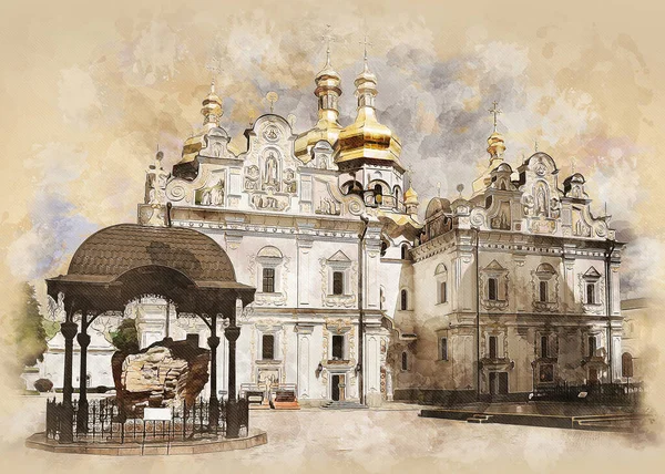 Katedra Kijowie Ławra Peczerska Kijów Ukraina Główna Fasada Kościoła Kijowie — Zdjęcie stockowe