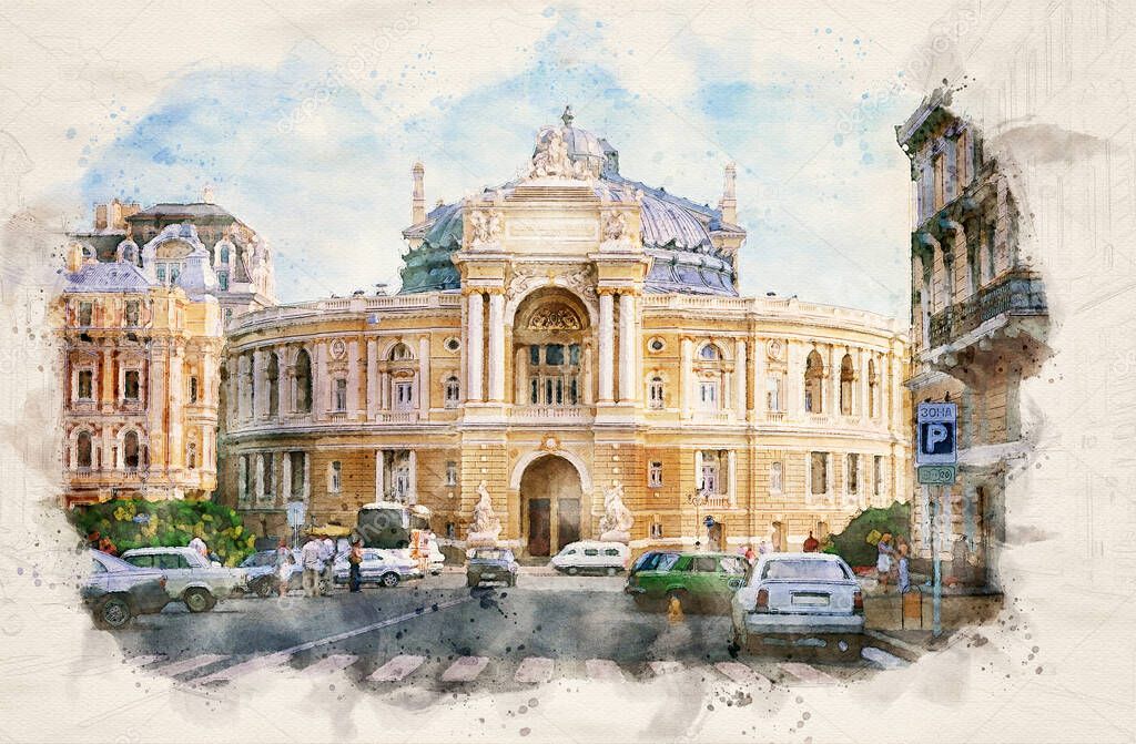 Theater of opera and ballet  in Odessa, Ukraine. Watercolor painting.