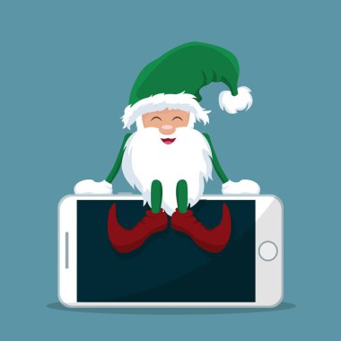 Elf Claus santa cep telefonu üstüne oturuyor