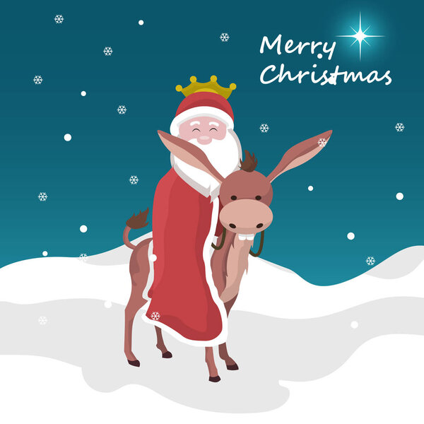 Christmas card of santa claus of king magician mounted on a donkey