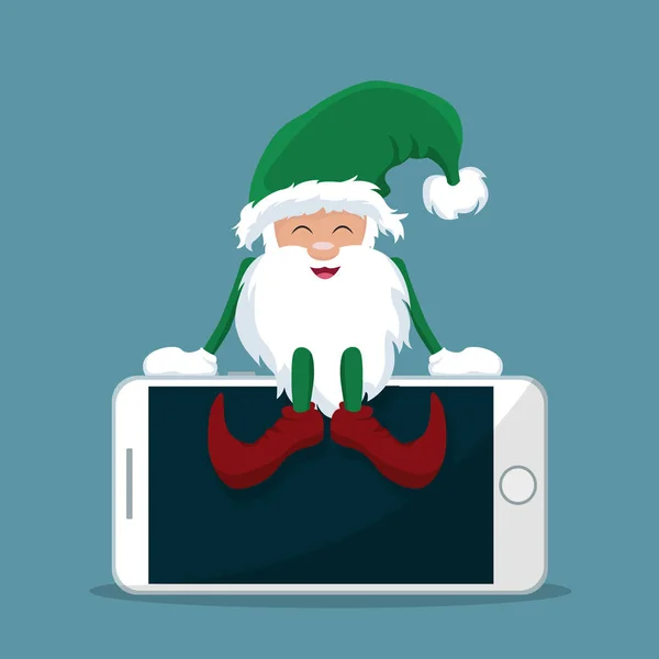 Weihnachtsmann Elfe Auf Handy — Stockvektor