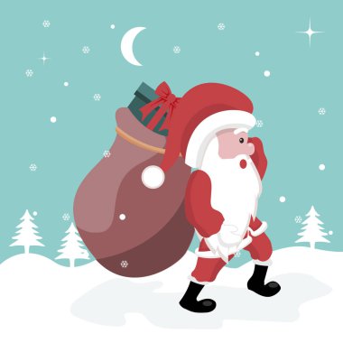 Noel kartı Claus Santa hediyeler ile karda yürüme