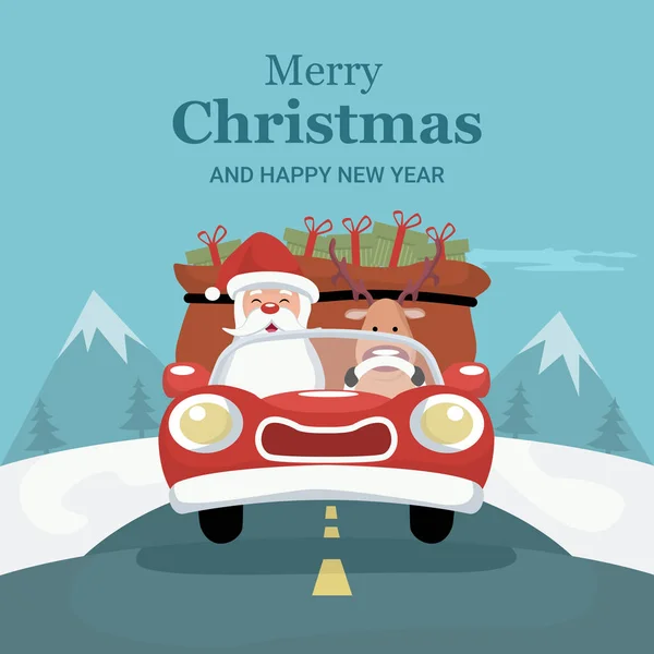 Ren geyiği Noel Noel Baba ile araba kartı