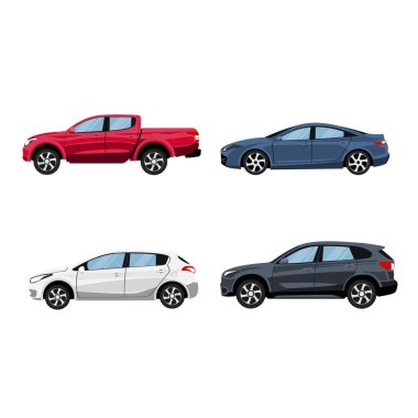 Set of vehicles pickup truck, Hatchback, suv and sedan in side view