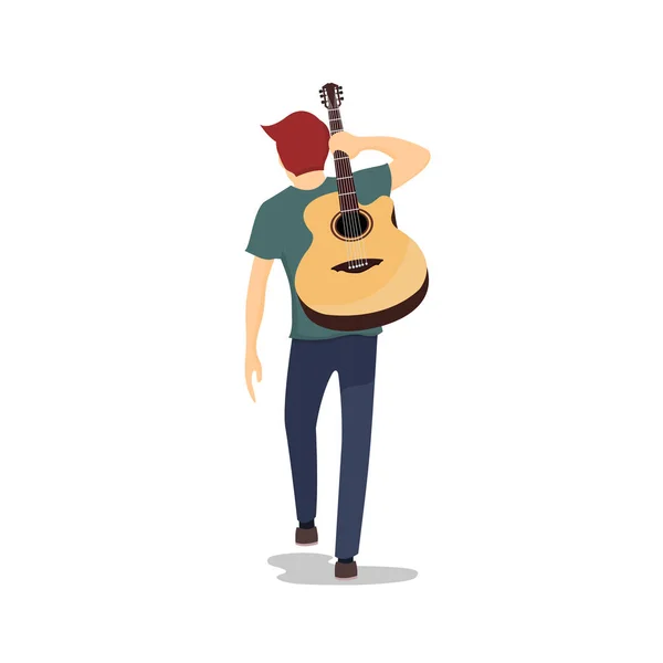Junger Musiker Geht Mit Seiner Gitarre Auf Dem Rücken — Stockvektor