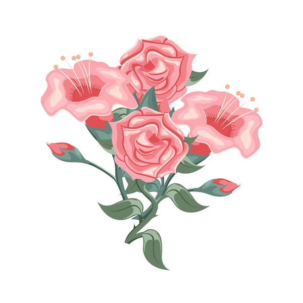 Set Beautiful Pink Roses Tulips Flower Arrangement — Stock Vector