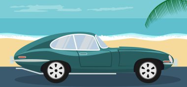 Yaz aylarında sahilde park edilmiş klasik bir arabanın arka planı