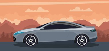 Plajda gün batımında gri modern araba arka plan