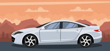 Plajda gün batımında beyaz modern araba arka plan