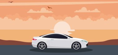 Plajda gün batımında beyaz araba arka plan