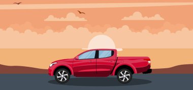 Sahilde gün batımında modern kırmızı van arka plan