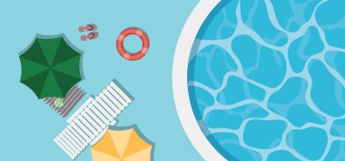 Şeffaf mavimsi su şemsiyesi ve cankurtaran ile havuz üst görünüm arka plan