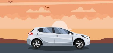 Plajda gün batımında modern hatchback arka plan