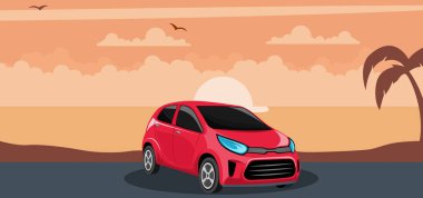 Sahilde gün batımında kırmızı araba arka plan